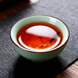 60ml Celadon Kung Fu Tea Cup,Hand Painted Lotus Carp Teacup,Chinese Porcelain Gongfu Teaware,Artistic Celadon Pottery Cup