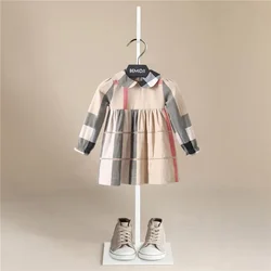 Vestido a cuadros de manga larga para niñas, vestidos de algodón de lujo, nuevo estilo de otoño