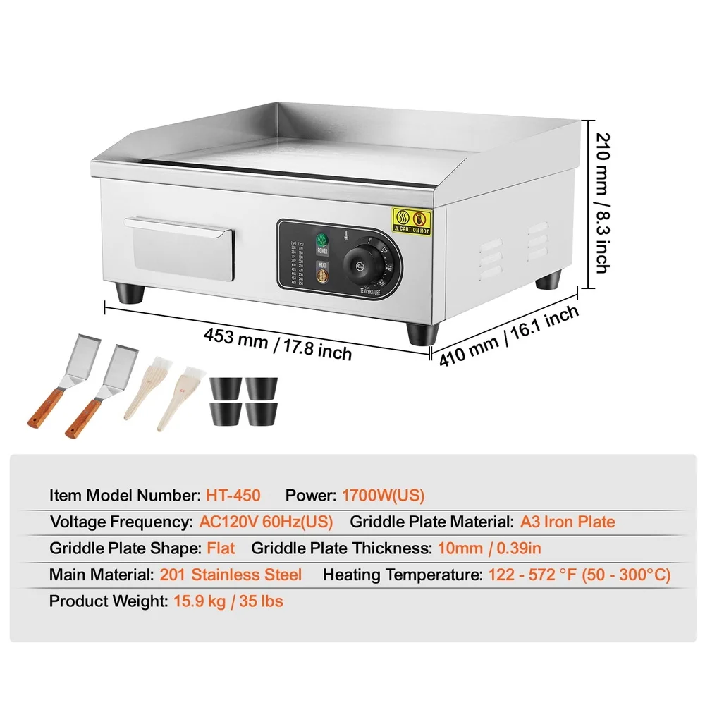 1700W Electric Griddle Commercial Cooking Flat Surface Temperature Control 122 to 572F Easy Clean Iron Plate with Accessories