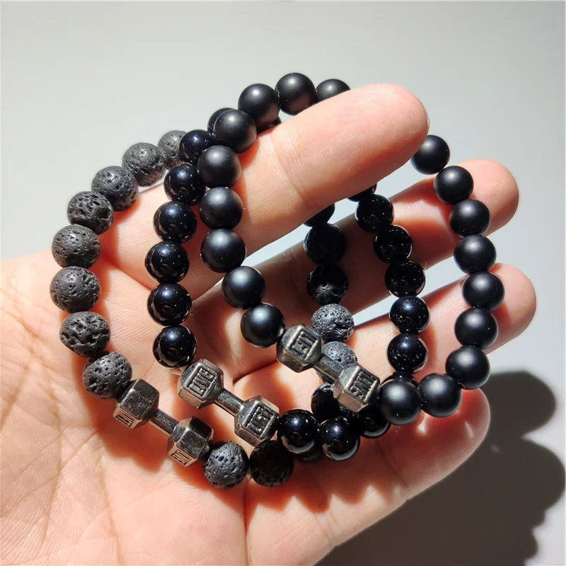 Element Highlight Black Dumbbell Bracelet Couple Frosted All-match Bracelet Fitness Natural Volcanic Stone Beads