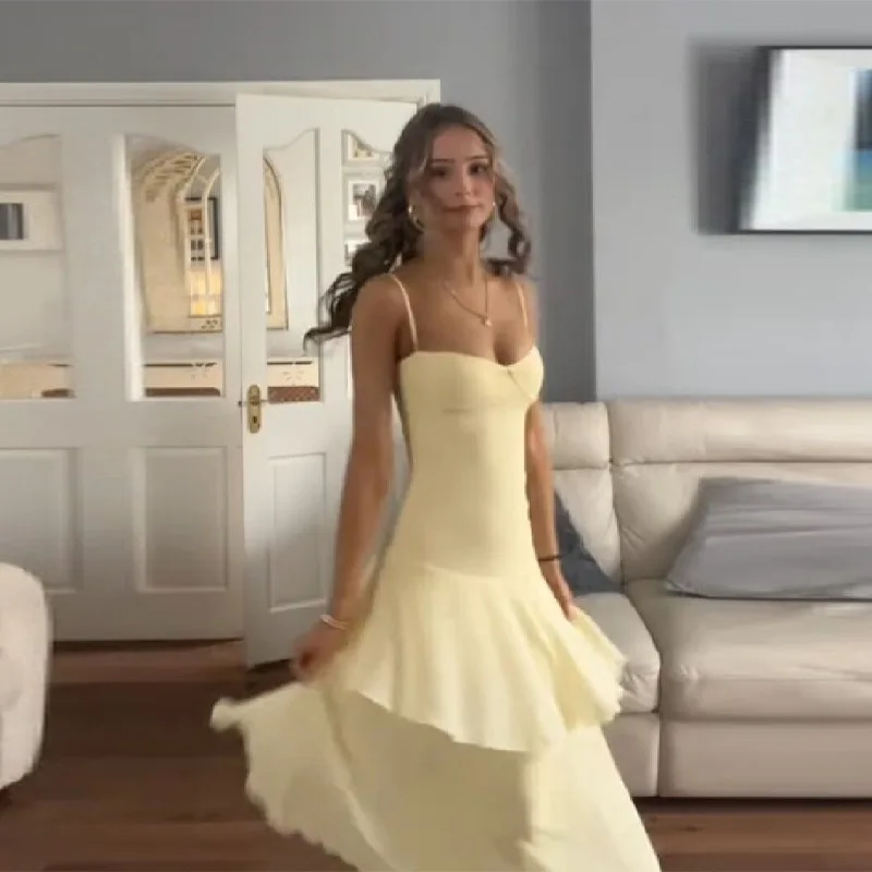 

Сексуальное желтое платье-макси с корсетным лифом, шикарное, без спинки, без рукавов, на тонких бретельках, с оборками и многоярусной юбкой, новинка 2026 года, для вечеринок и торжественных мероприятий