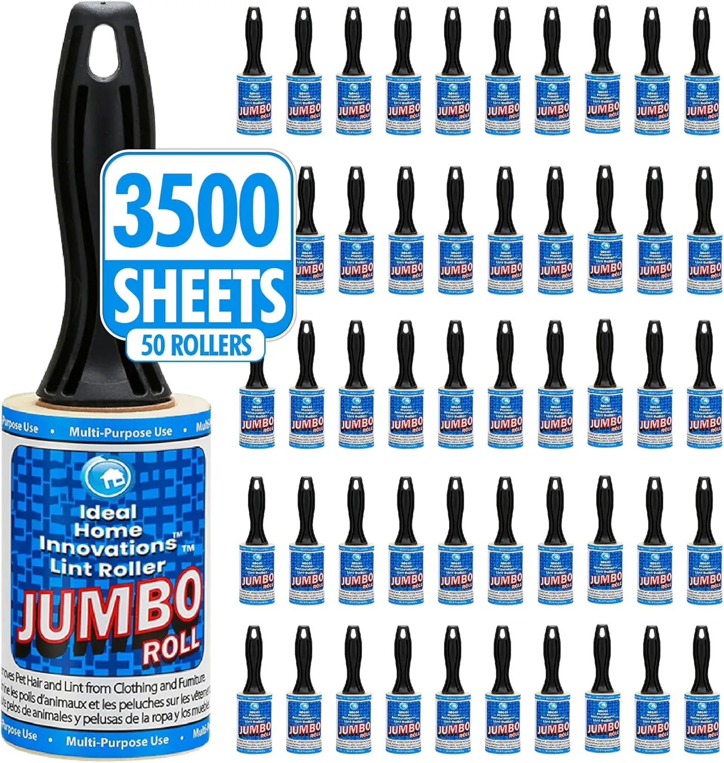 

Jumbo Lint Rollers for Pet Hair - 50 Rolls - Lint Remover for Clothes, Furniture, Car Seat – Made in USA 3500 Sheets -Easy Peel