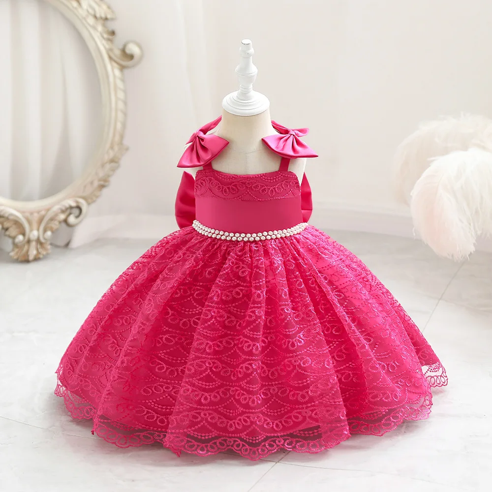 Lace Flower Baby Girls Dress Pearl Sashes Sling Bow White Birthday Clothes New Born Summer Kids Wedding Gown Christmas 1-5 Years