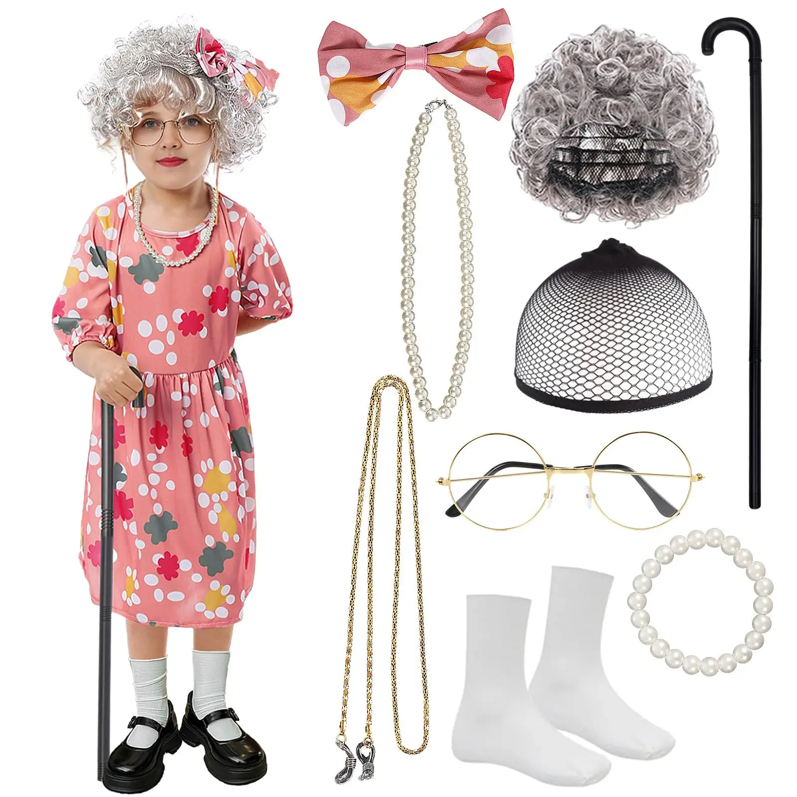 

Halloween Cosplay Old Lady Costume for Girls 100 Days of School Grandma Costume Old Lady Wig Cosplay Accessories Dress Up