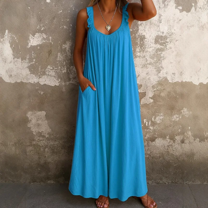 2025 Nuovo abito casual da donna - Abito maxi a strati con spalline e scollo a U con vita smockata in più colori