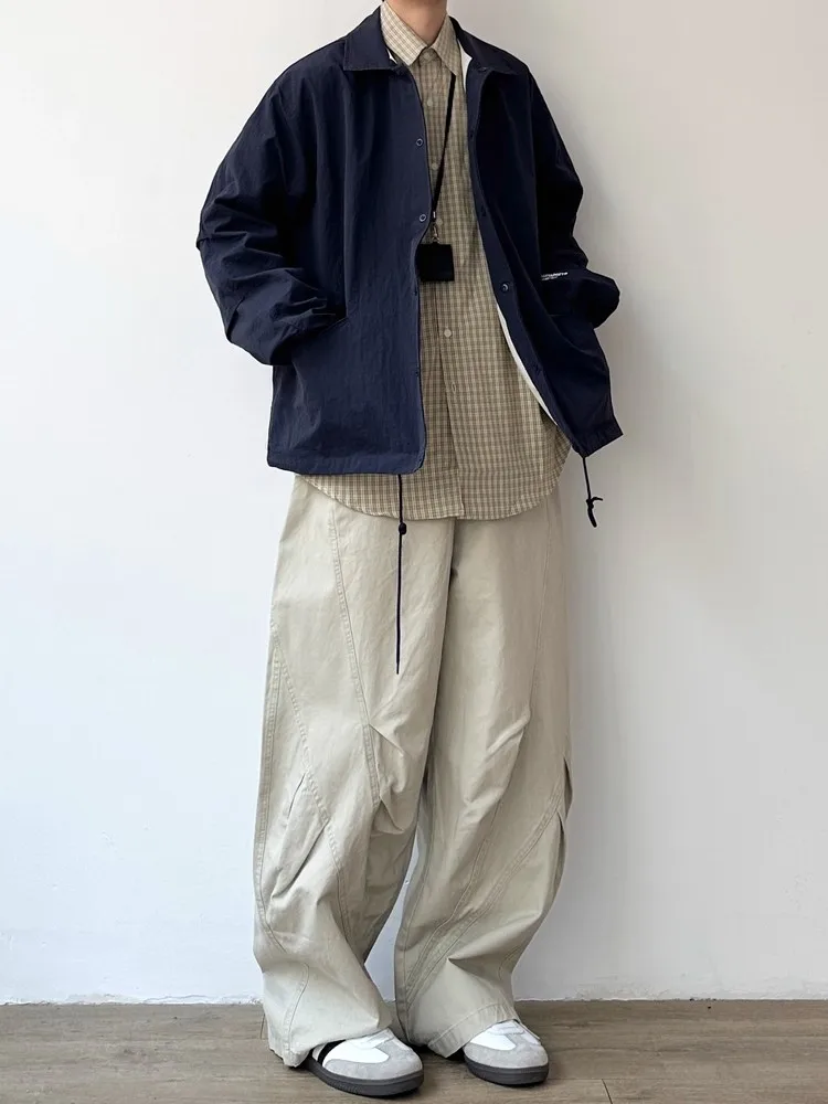 Retro Japanese Style Cityboy Loose Casual Collar  Jacket Unisex Pure Color Spring Autumn Workwear Outerwear