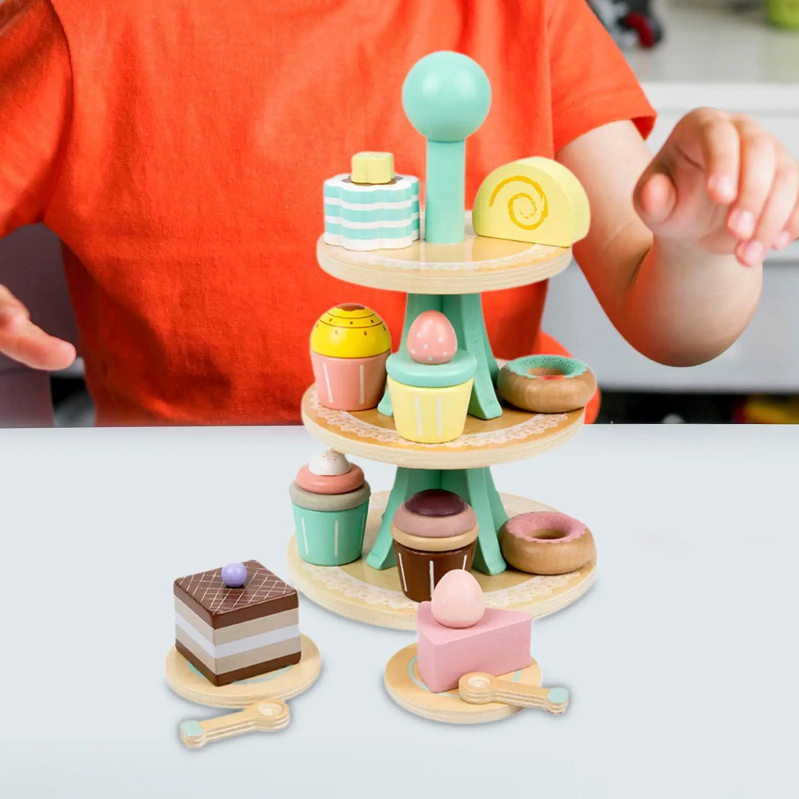 Wooden Tea Party Set Dessert Stand Playset for 2 3 4 5 6 Year Old Children