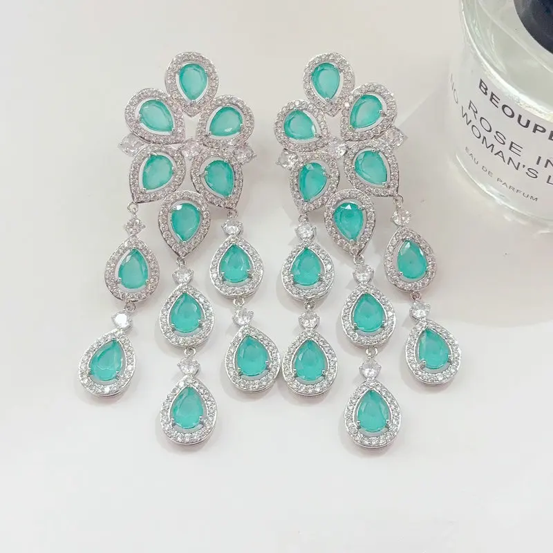 Bilincolor Green Cubic Zirconia Long Tassel Flower Earring for Women Wedding Jewelry