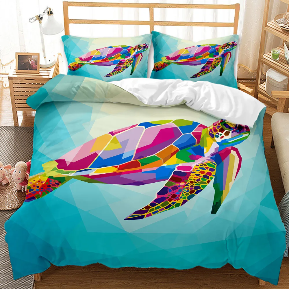 Shark Bedding Set King Size for Girl Boys Tropical Marine Life Ocean Fish Sea Turtle Rainbow Color Coral Polyester Duvet Cover