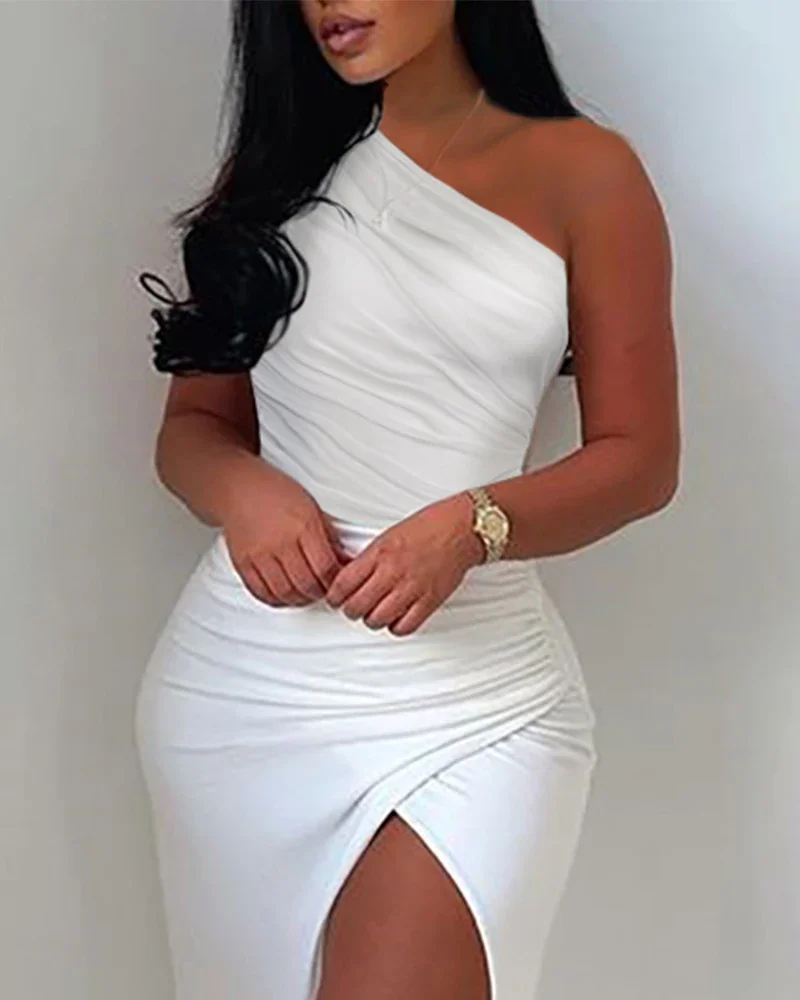 Summer Elegant Solid Dress High Split Thigh Ruched Maxi Floor Dress White Sexy Corset Asymmetric Party Robes Female