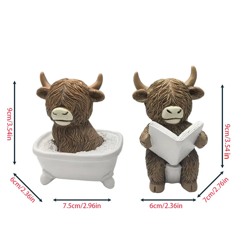 Funny Highland Cow Statue, Bathtub Bubble / Toilet‑Reading Cow Decor, Resin Craft Ornament for Bathroom Home Garden Decorv