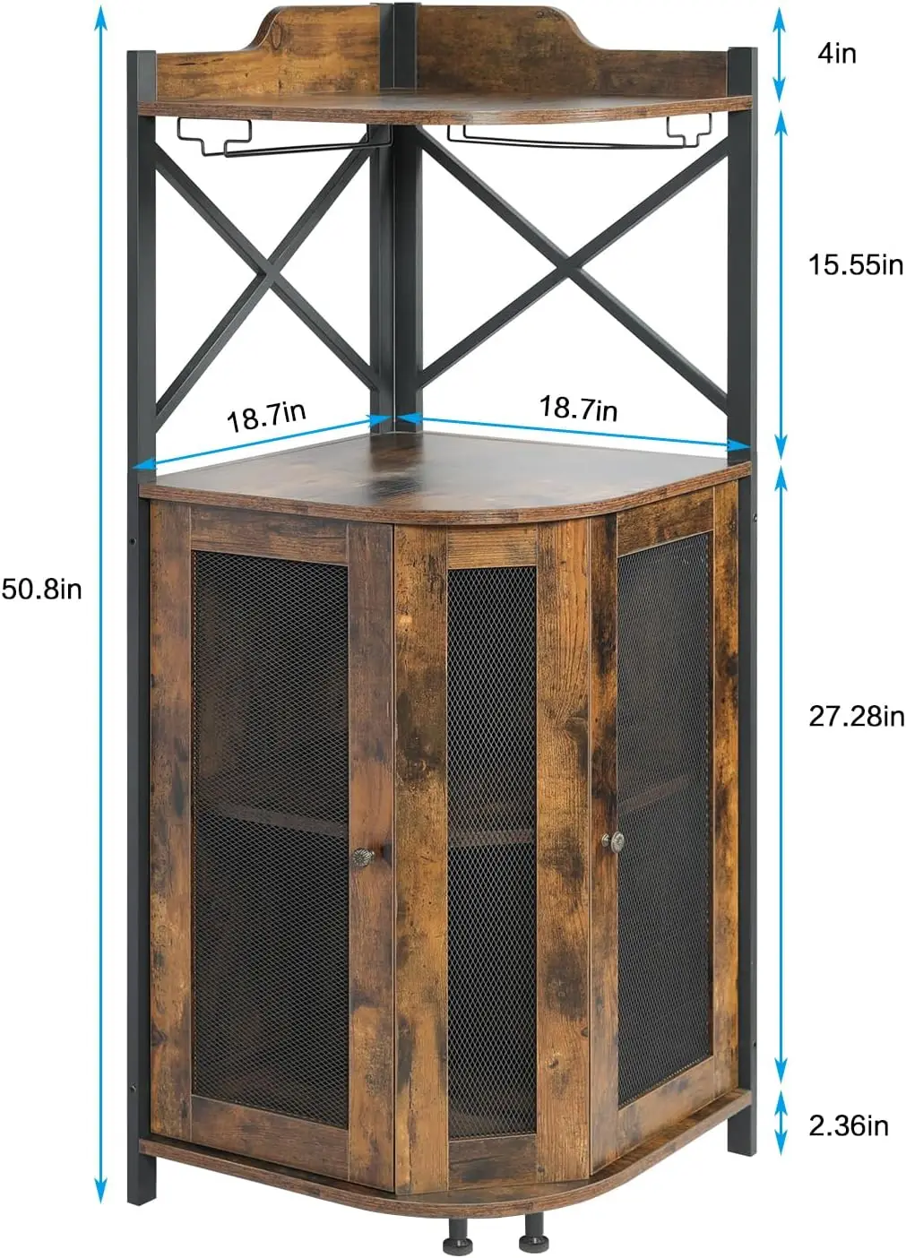 Wineero de estilo industrial con puerta de malla, gabinete de almacenamiento con estante abierto de 4 niveles