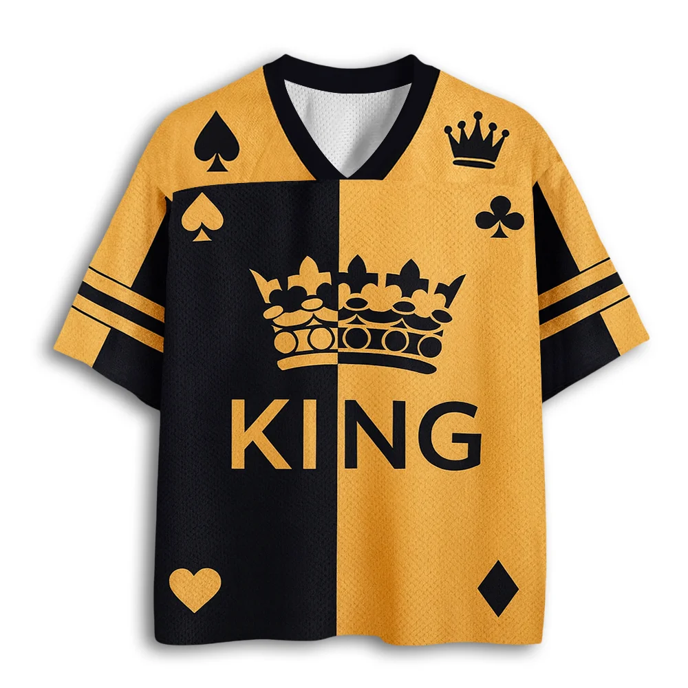 King Poker Print V Neck Short Sleeve Jersey Black Yellow Colorblock Crown Graphic Tee Casual Oversized Sports Shirt