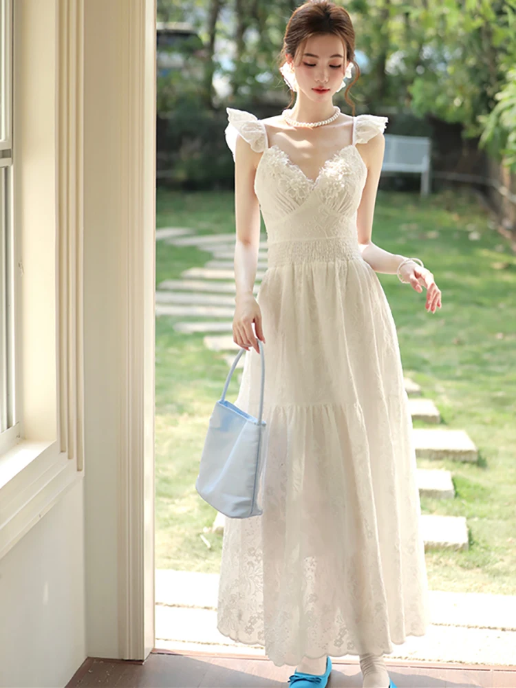 

White Lace Jacquard Square Collar Sling Long Dress for Women Summer Elegant Backless Sexy Dress 2025 Korean Luxury Evening Dress