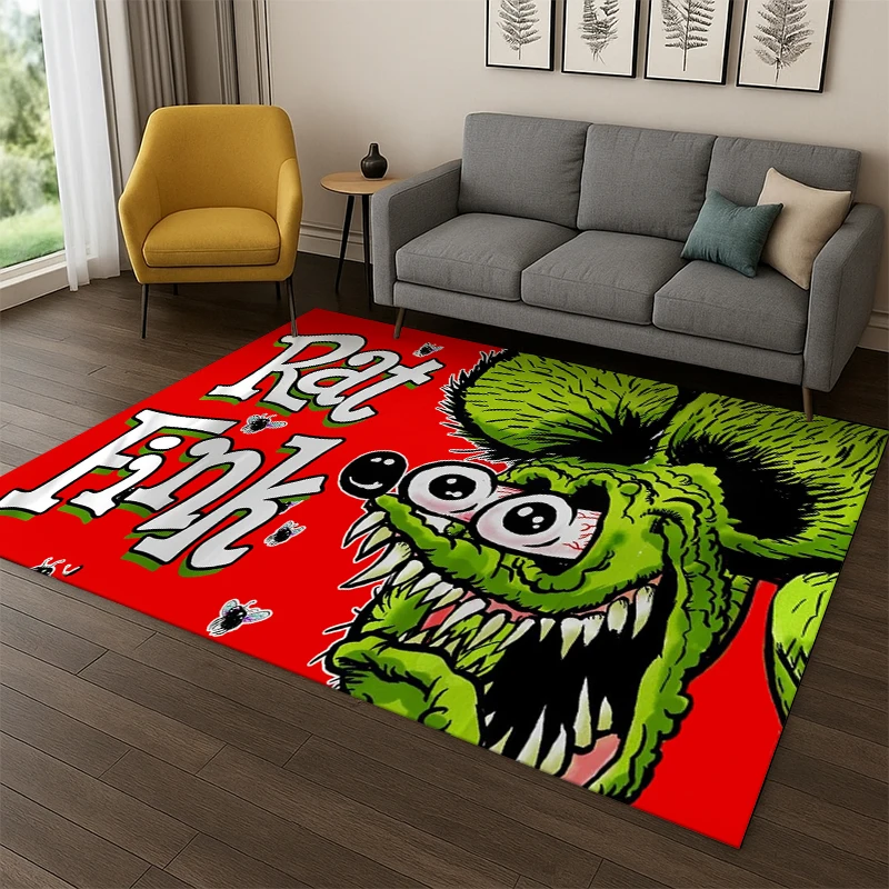 Rat Fink Cartoon Racing Car Moto Sign Teppich für Schlafzimmer, Wohnzimmer, Sofa, Fußmatte, Heimdekoration, Kinderspielbereich, rutschfester Teppich