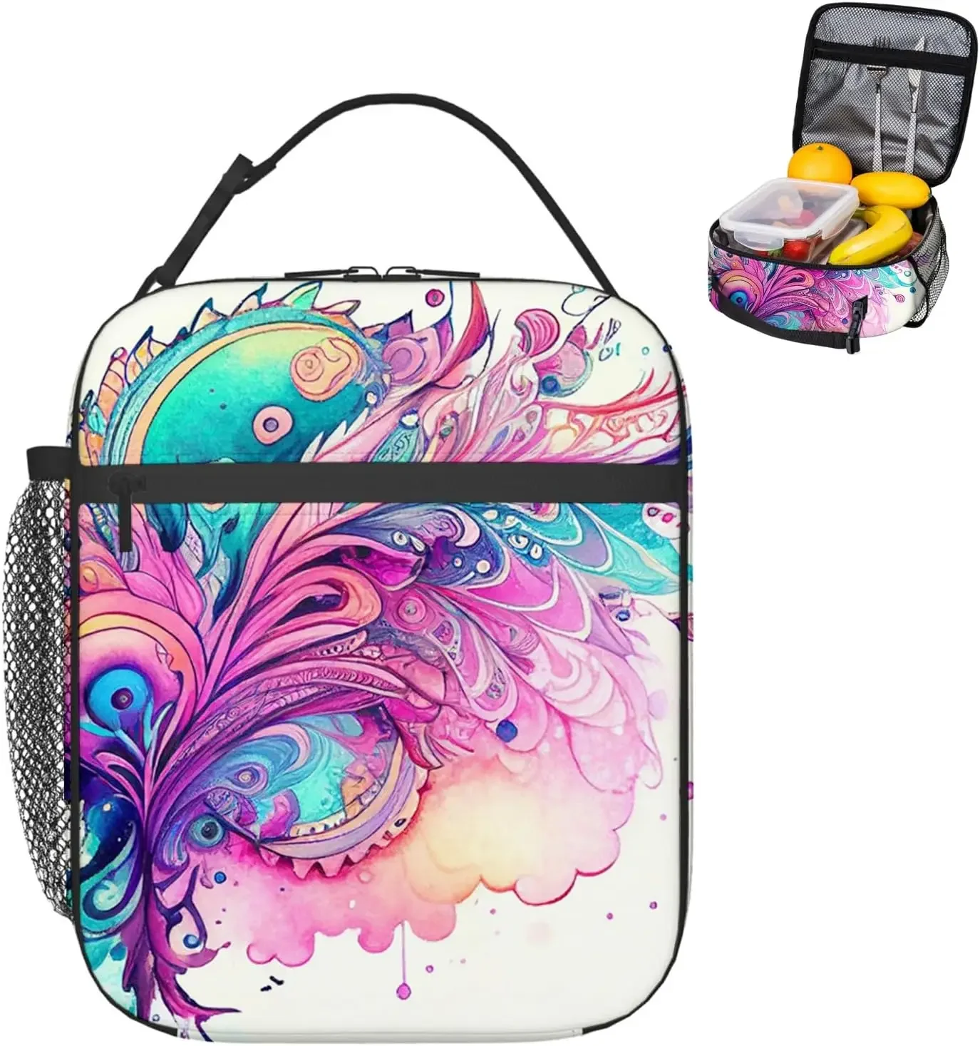 

Изолированная сумка-тоут для ланч-боксов для женщин и взрослых мужчин, красочный дизайн, изготовленная вручную. Многоразовые герметичные сумки для обеда.