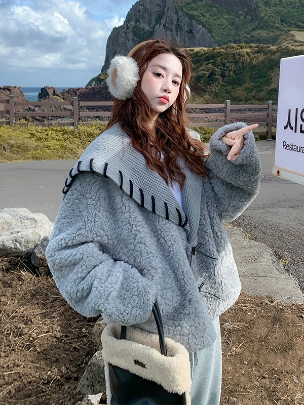 Gebreide wollen jas met marineblauwe kraag, lamswollen voering, warme damesjas, lamsfluweel, rechte snit, winterjas