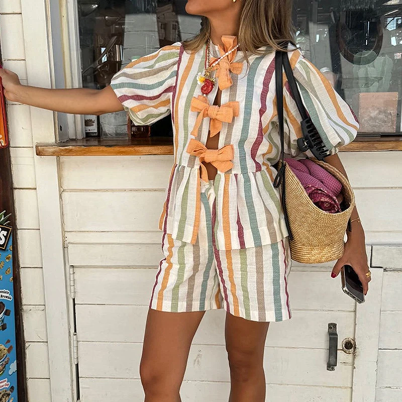 Women O Neck Short Sleeve Blouse Shirt & Straight Shorts Outfits Elegant Short Sleeve New Set Summer 2024 Colorful Striped Suit