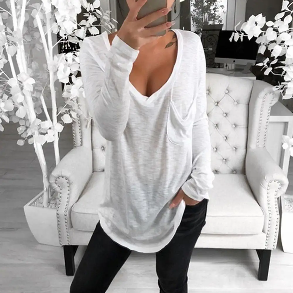 Fashion Sexy Women T-shirts Solid Color cotton Deep V neck Long Sleeve Tops Front Pocket Loose Tunic T shirt for women female