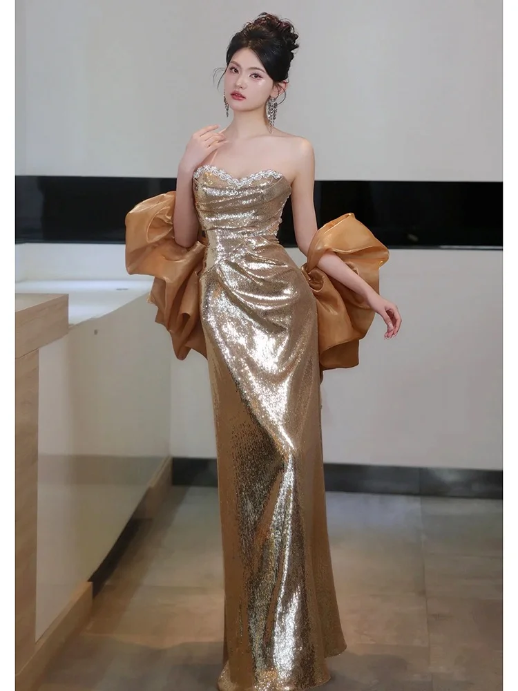 

Gold Sequin High-End Sensual Bridal Gown Evening Dr Host Long Sve Sexy Strapl Evening Gown for Wedding Par