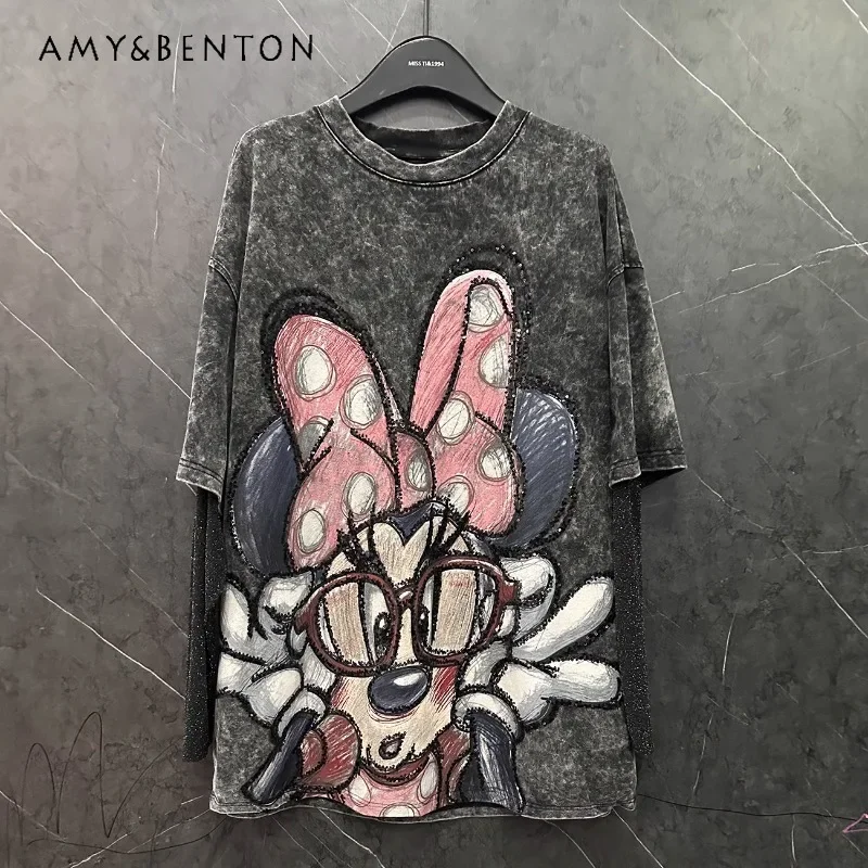 

Cartoon Sequin Print Kawaii Fake Two Long-sleeved T-shirt Loose Sweet Medium And Long Top Aesthetic Clothes O-neck T Shirt Women