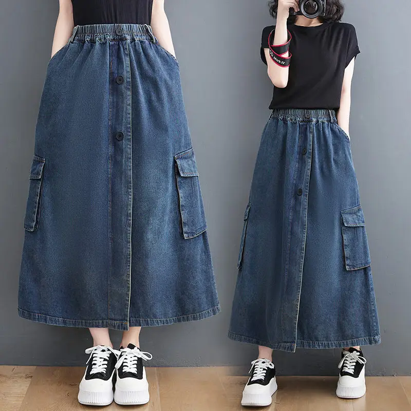 Large Size Casual Denim Skirt Women's 2022 Summer Retro Temperament High Waist Long Skirt Loose Korean Jeans Saias Faldas h549