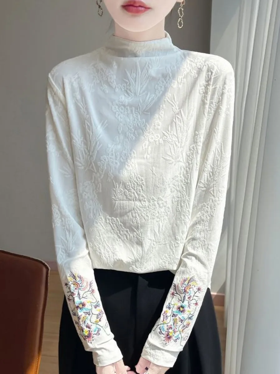 

plus Size Embroidered Floral Base Shirt Women's Autumn Winter Half High Collar Slim Fit Long Sleeve T-Shirt Parka Style