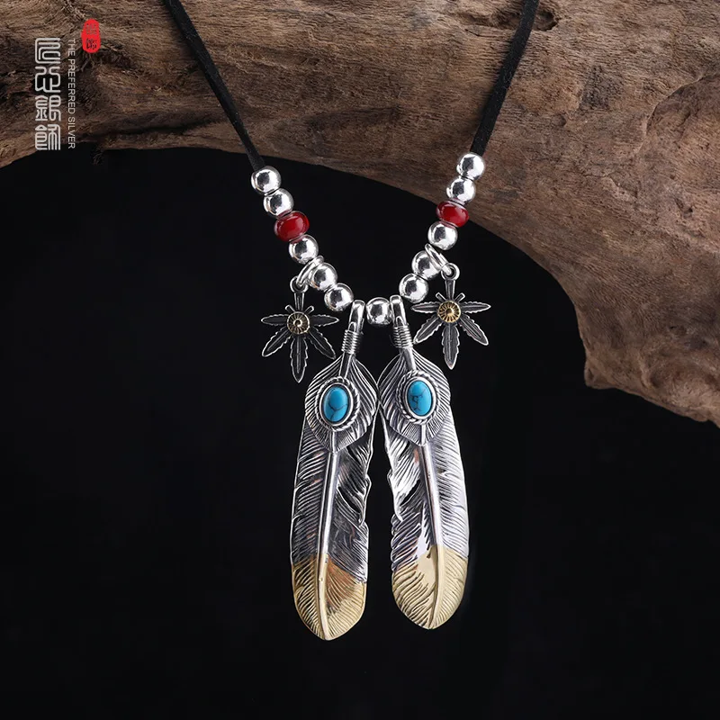 S925 Silver Feather Necklace Men's Vintage Maple Leaf Pinestone Leather Rope Ball Pendant Women's Versatile Sweater Chain