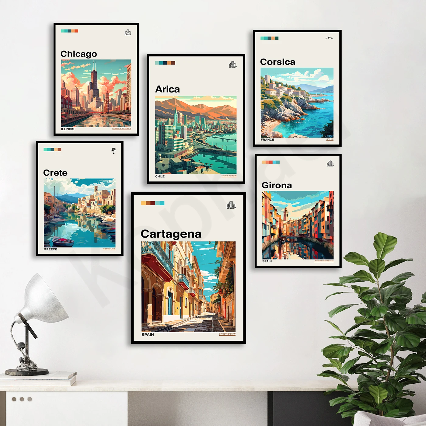 Cambridge Cartagena Chamonix Chicago Arica Cincinnati Copenhagen Corsica Crete Girona Glasgow. City Travel Landscape Poster