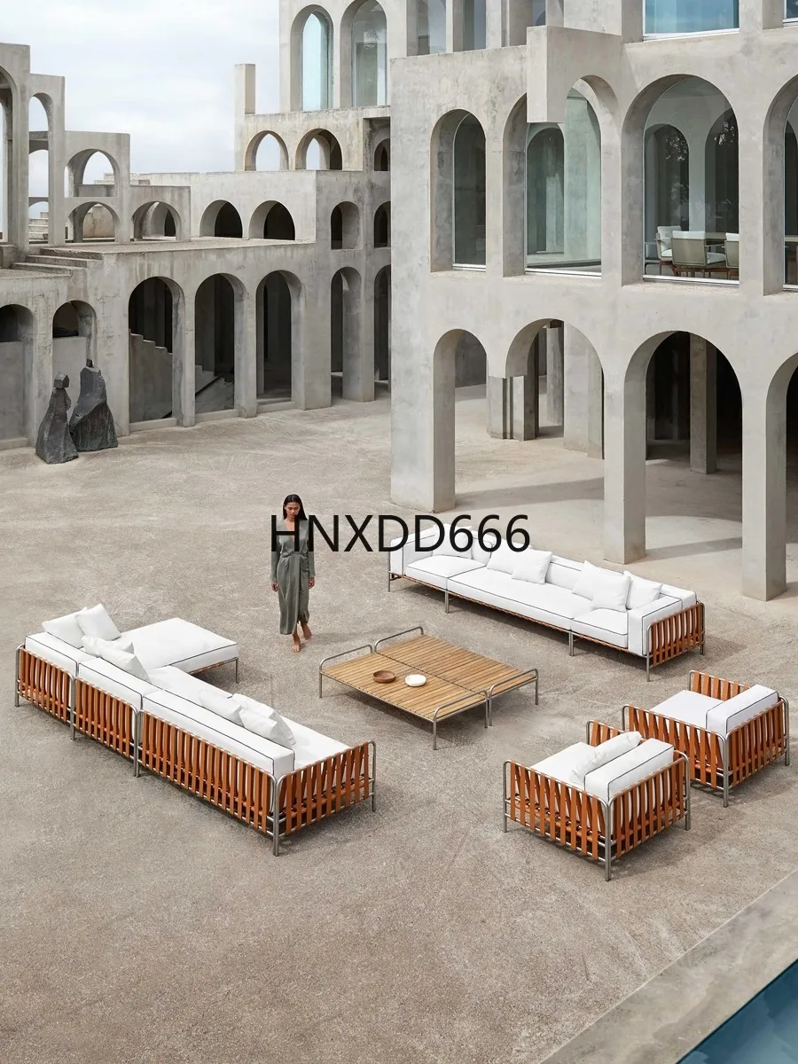 أريكة خارجية من الفولاذ المقاوم للصدأ، فناء من الخيزران، مجموعة طاولة قهوة للمطر والشمس #2