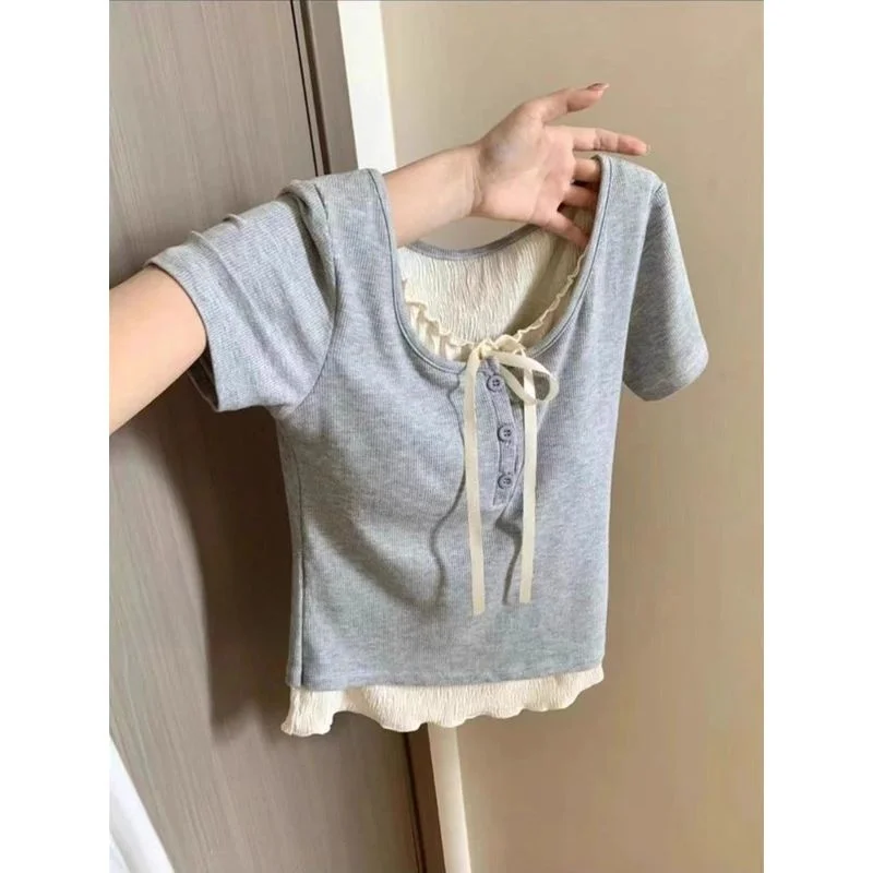 False Two-Piece Lace Trim Short Sleeve T-Shirt Women's Slim Fit Inner Wear Pure Color High Waist Slimming Sexy Top Ins Style