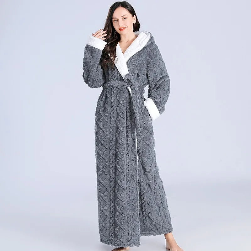 Women Men Thermal Luxury Flannel Extra Long Bath Robe Winter Sexy Jacquard Bathrobe Warm Kimono Dressing Gown Hooded Robes