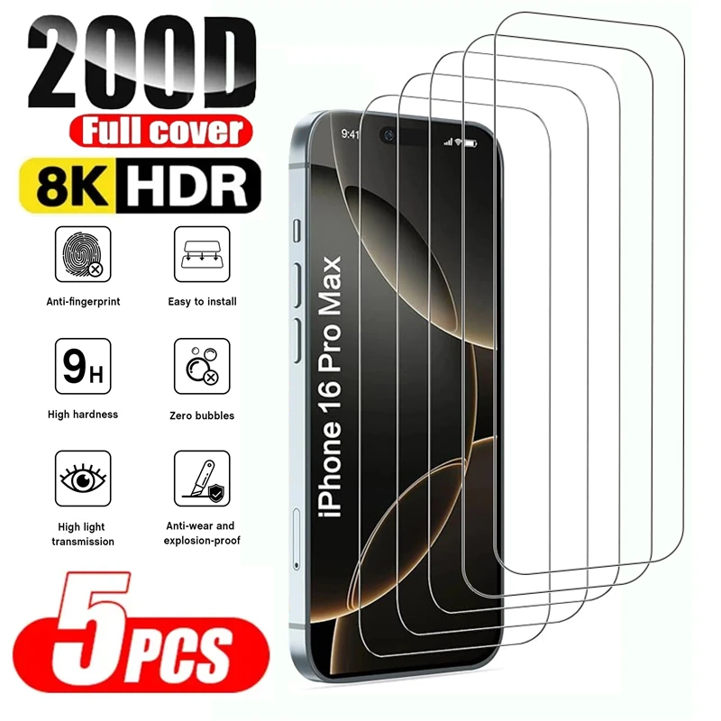 

5Pcs High Definition Tempered Glass for iPhone 16 15 14 13 12 11 Pro XR X XS Max Screen Protector for iPhone 16 Pro Max Glass