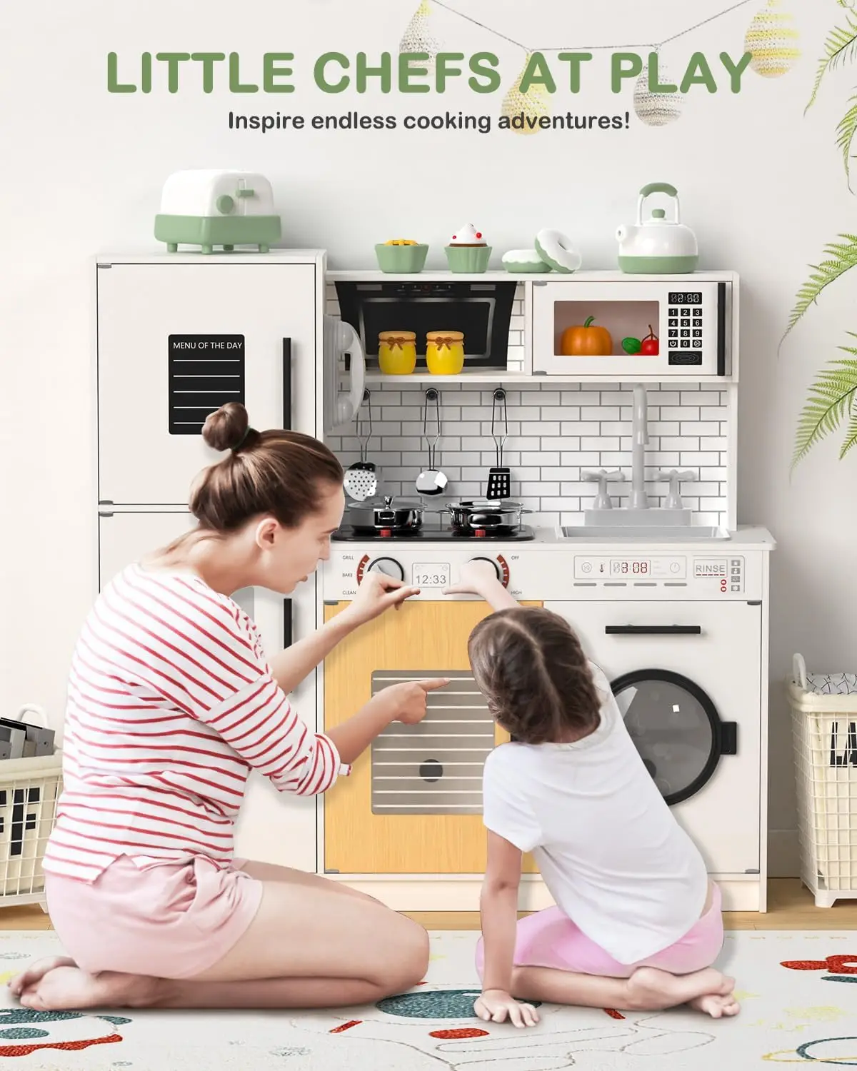 Ensemble de jeu de cuisine en bois pour enfants, cuisine de jeu interactive avec lumières et sons, jouet de simulation pour enfants, Ov