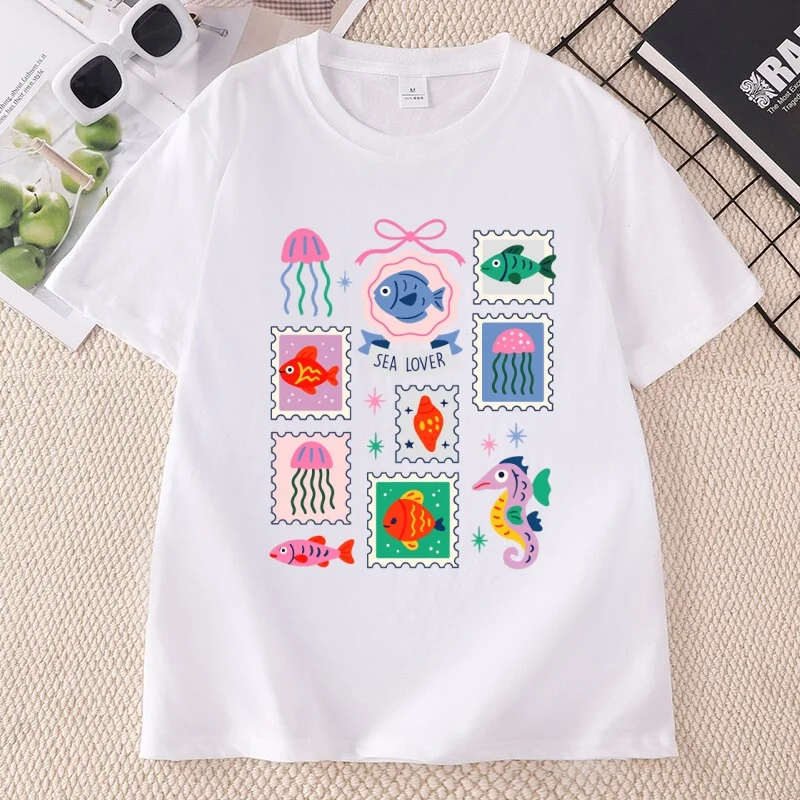Sea Fish Creatures T Shirt Boho Marine Life Graphic Tee Casual Round Neck Printed Sea Lover Retro Top Hippie Summer Crew Neck