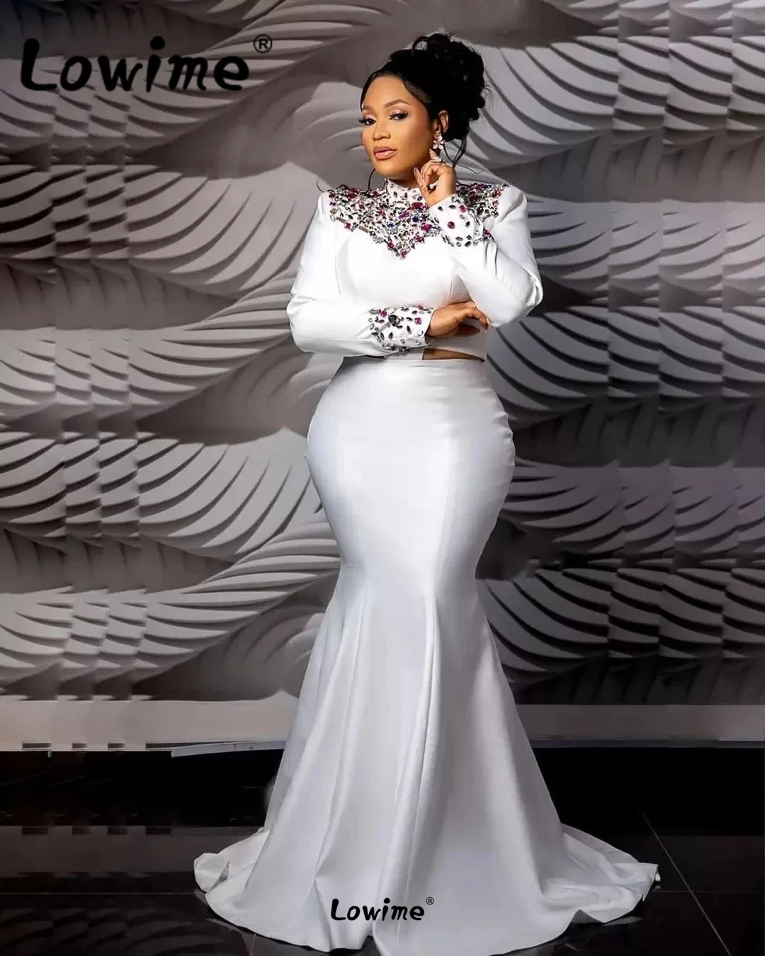 Plus Size Long Sleeve African Evening Dresses 2022 Robe Mermaid Satin Party Dress Customized Crystal Beaded Celebrity Prom Dress