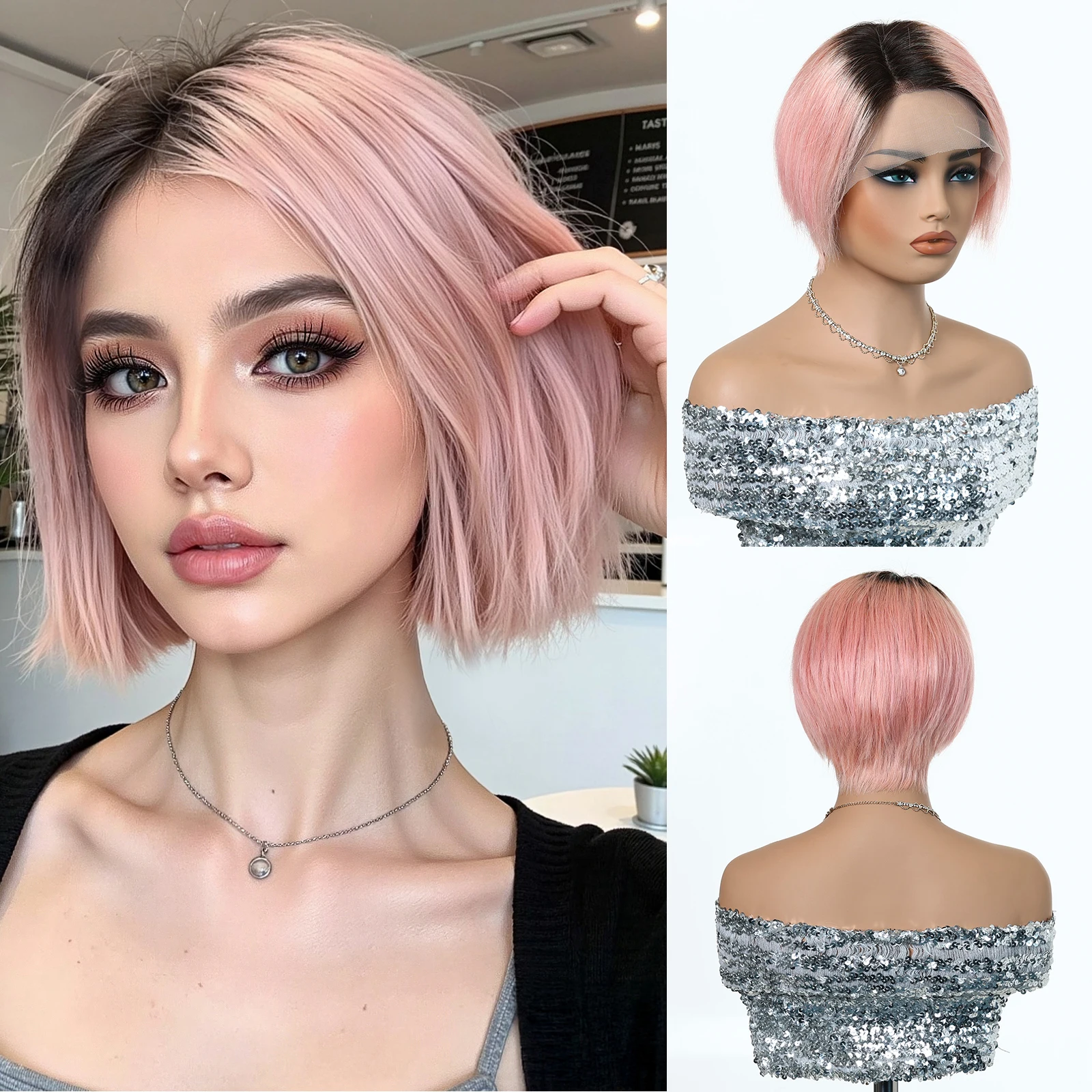 

Розовые парики из натуральных волос с черными корнями, боковая часть, короткие прямые боб, человеческие волосы 13*5*1, парики спереди, розовые человеческие волосы для женщин