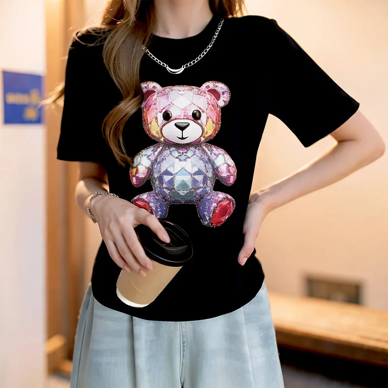 Chun yu yin jia Fashion High Street Designer Chinese colorful bear Pattern 3D Printing Short-Sleeved T-Shirt Black for women tee