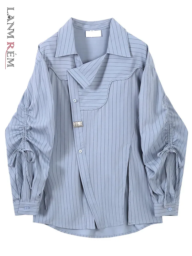 

LANMREM Fashion Striped Drawstring Design Shirt For Women Lapel Collar Long Sleeve Versatile Loose Top Clothing 2024 New 32C1280