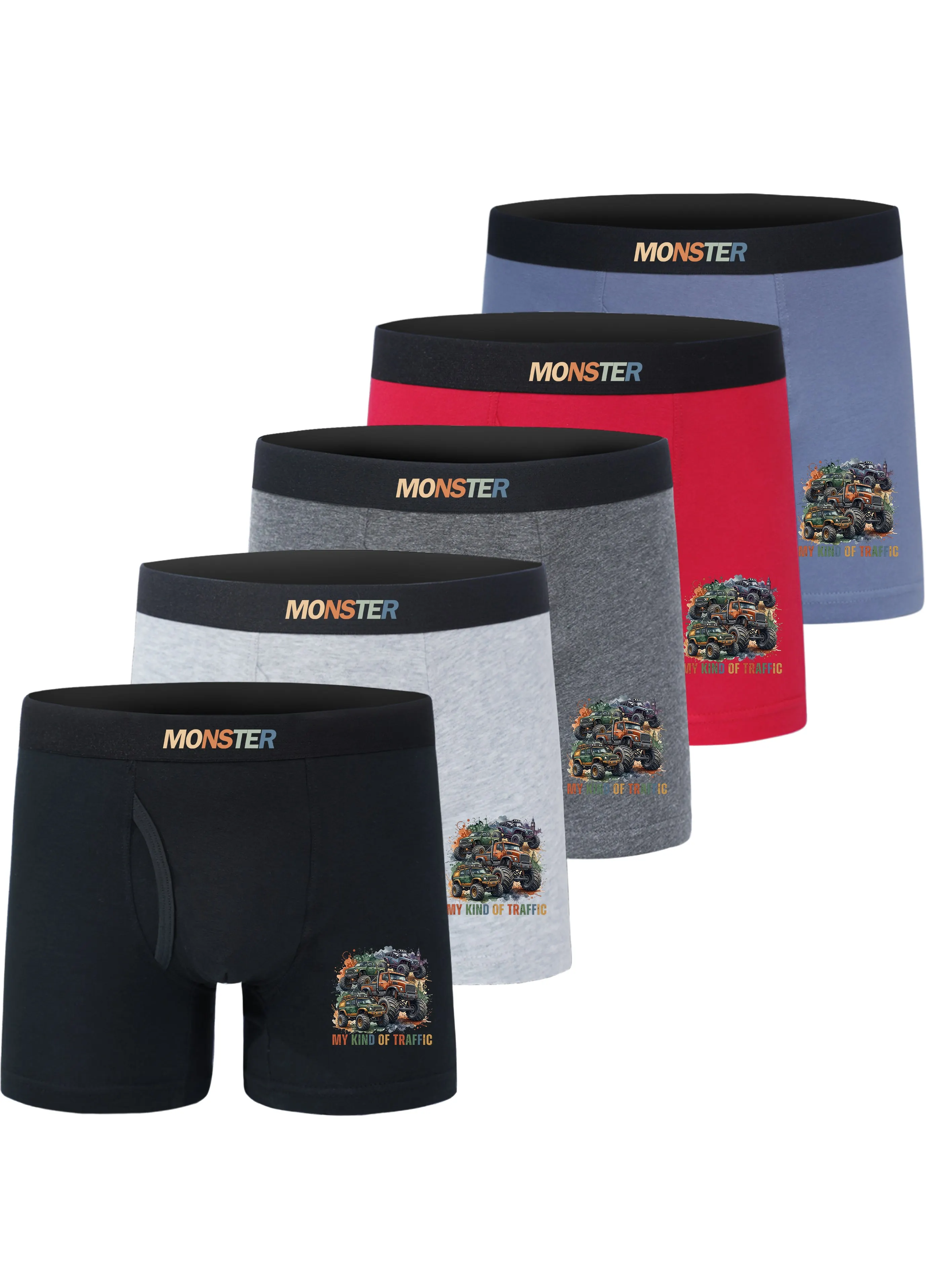 5 Pack Boys' Cotton Boxer Briefs Summer Underwear Soft Breathable Monster Truck Print Comfortable Underpants for Boys 5-15 Years
