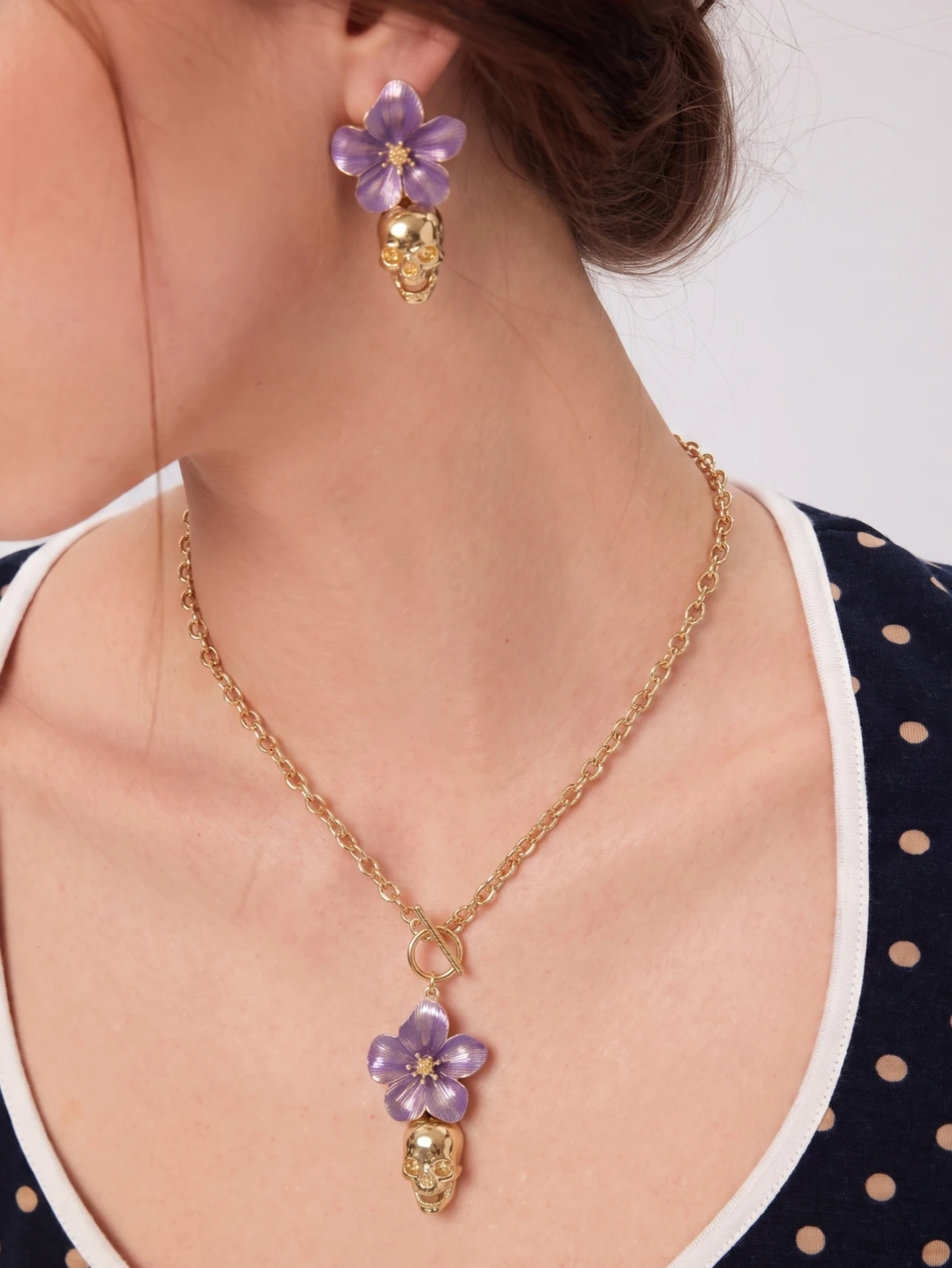 1 Set of Sexy Punk Gothic Style Purple Floral Skull Design Earrings and Necklace Jewelry Set, Featuring an Ot Clasp Chain Necklace and Pendant Earrings Combination, Aesthetic Party Accessories, Designed Specifically for Women