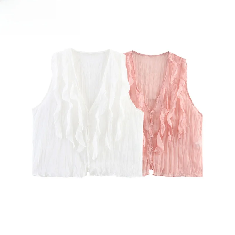 

ZBZR Spring New Women's Faion Svel V-ne Layered Decoration Semi-transparent Top Trasversal Striped Pattern