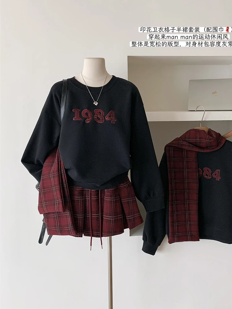 Spring Women American Vintage Shoujo Outfits 2 Piece Set Long Sleeve Sweatshirts With Scaf + Mini Preppy Plaid Pleated Skirts