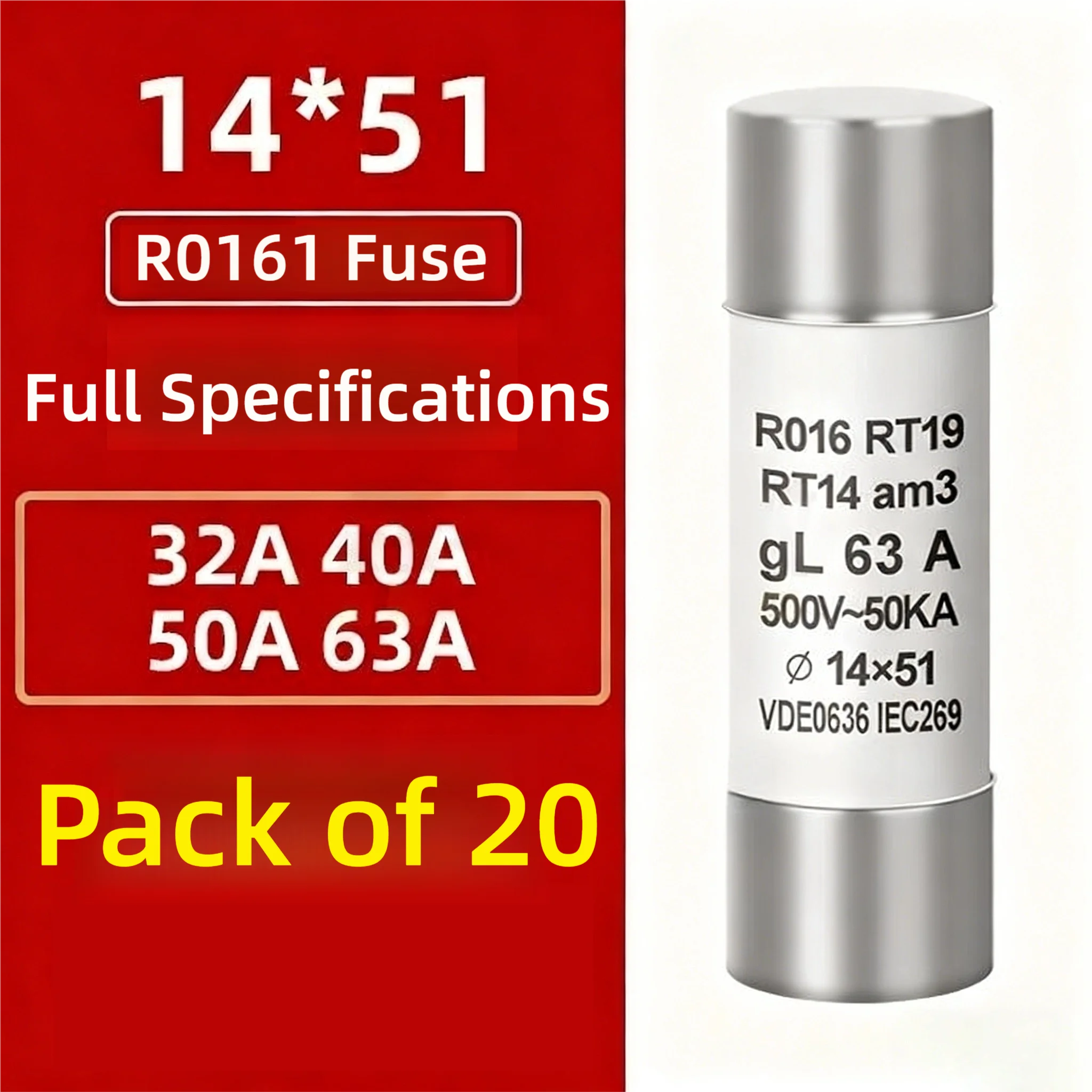 Ceramic Fuse R016, Fuse Tube 14x51, Fuse Element 500V RT18-63, Base 63A, 50A, 40A, 32A, Volume 14x51MM, 500V1 Box, 20 Pieces