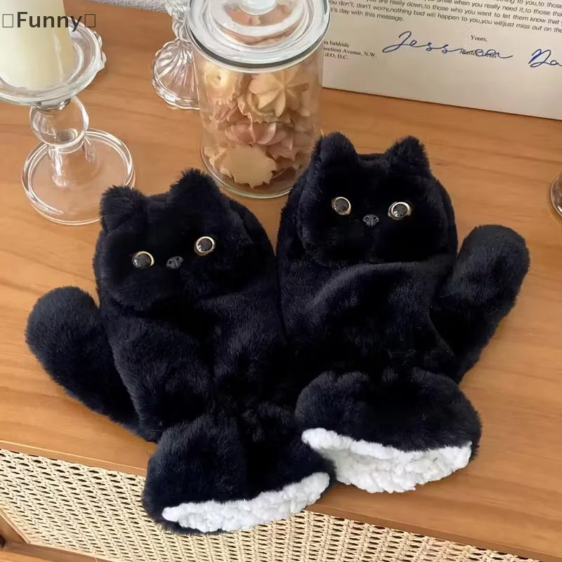 Guanti in peluche gatto nero, di alto valore e carini, invernali antivento e resistenti al freddo, guanti scaldacollo, guanti a copertura totale
