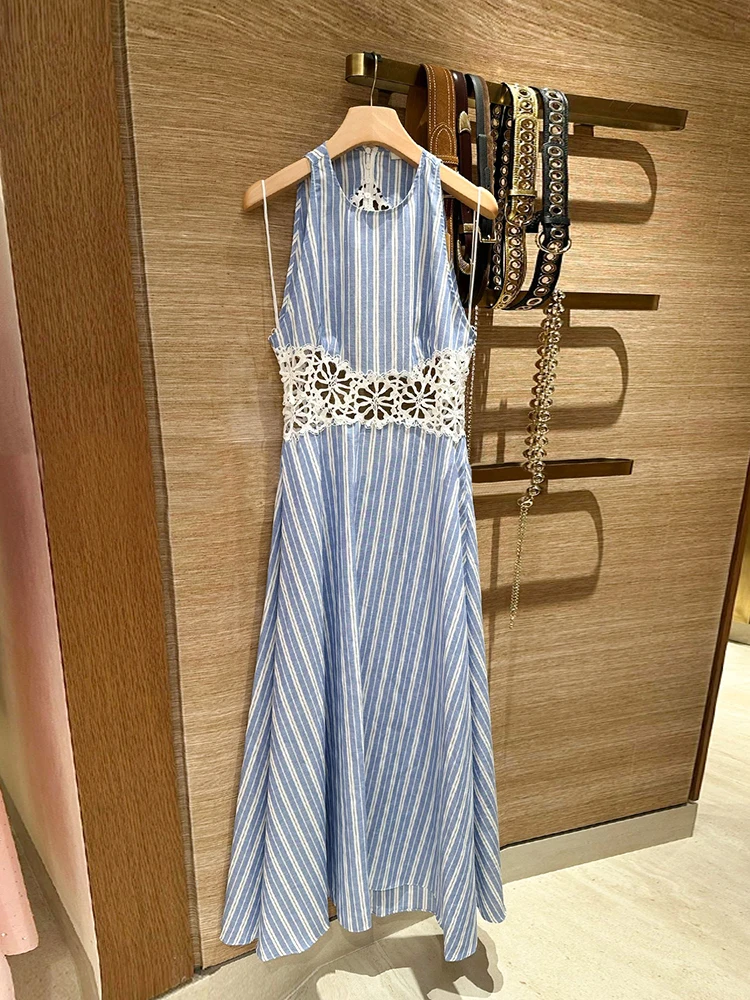 Ele Summer Dr Weste, ausgehöhlte Blumenstickerei, Streifen, hohe Taille, A-Linie, langer Rock ohne Sve, rund, Ne Dr