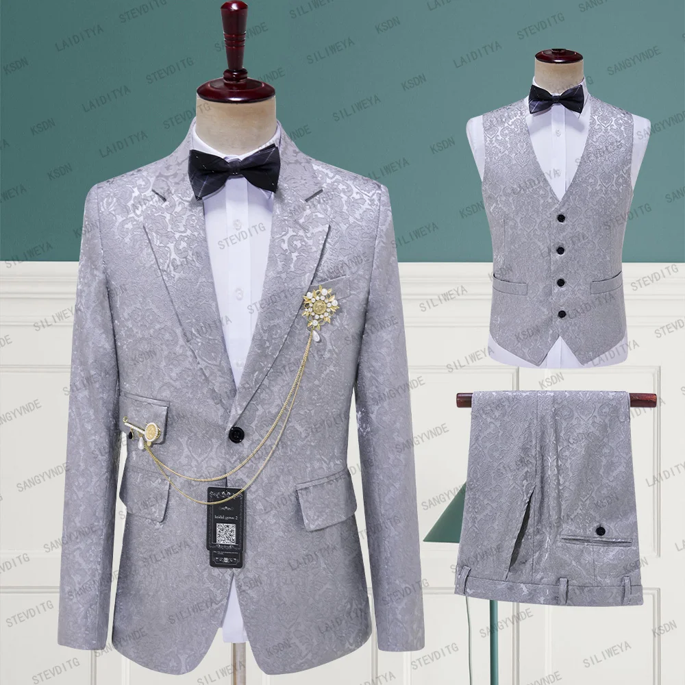 2023 New Costume Homme Popular Clothing Grey Jacquard Men Suits Tailor-Made Blazers Pants Business Causal One Button Wedding