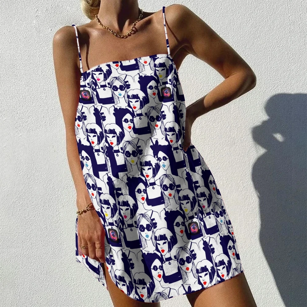 

One-Piece Casual Dress Maxi Character Image Printing Trend Y2K Style Holiday Clothing Summer Frock Beach Breeze Braces Skirt