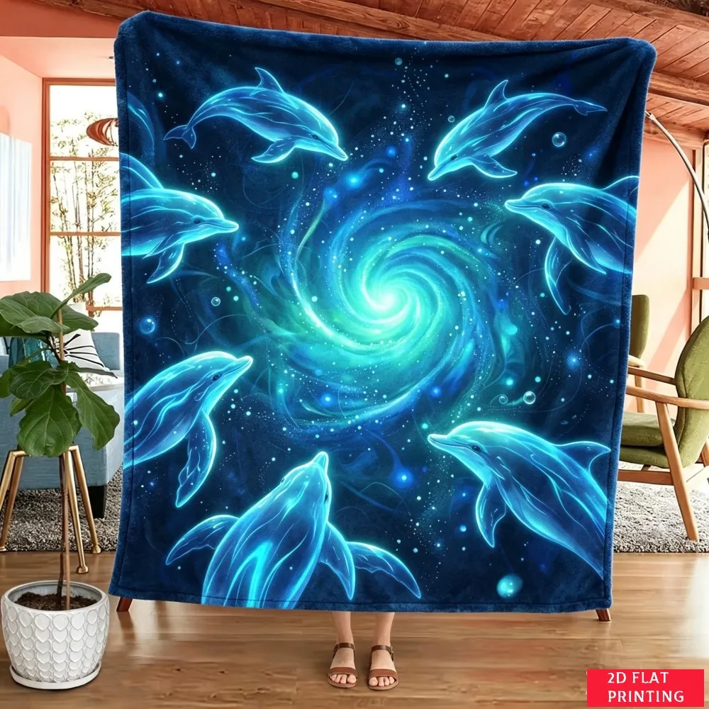 Blue Dolphin Swirl Ocean Dreamy Fleece Blanket For Serene Bedroom Decor Lightweight Plush Throw Blanket Accent
