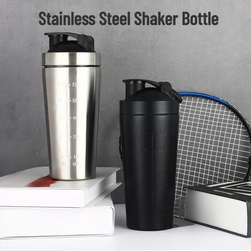 Leak‑Proof Protein Shaker Bottle 500/750ML with Scale Stainless Steel Mixing Ball Gym Fitness Whey Protein Shakes Sports Workout